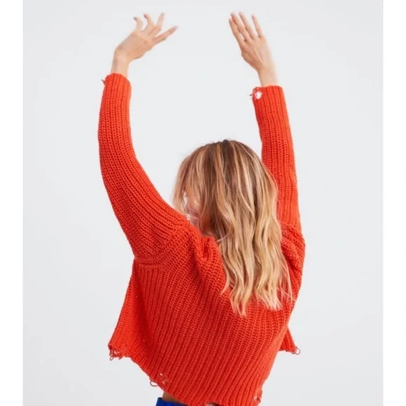 ZARA • Orange Distressed Knit Cropped Sweater, M - Picture 5 of 16